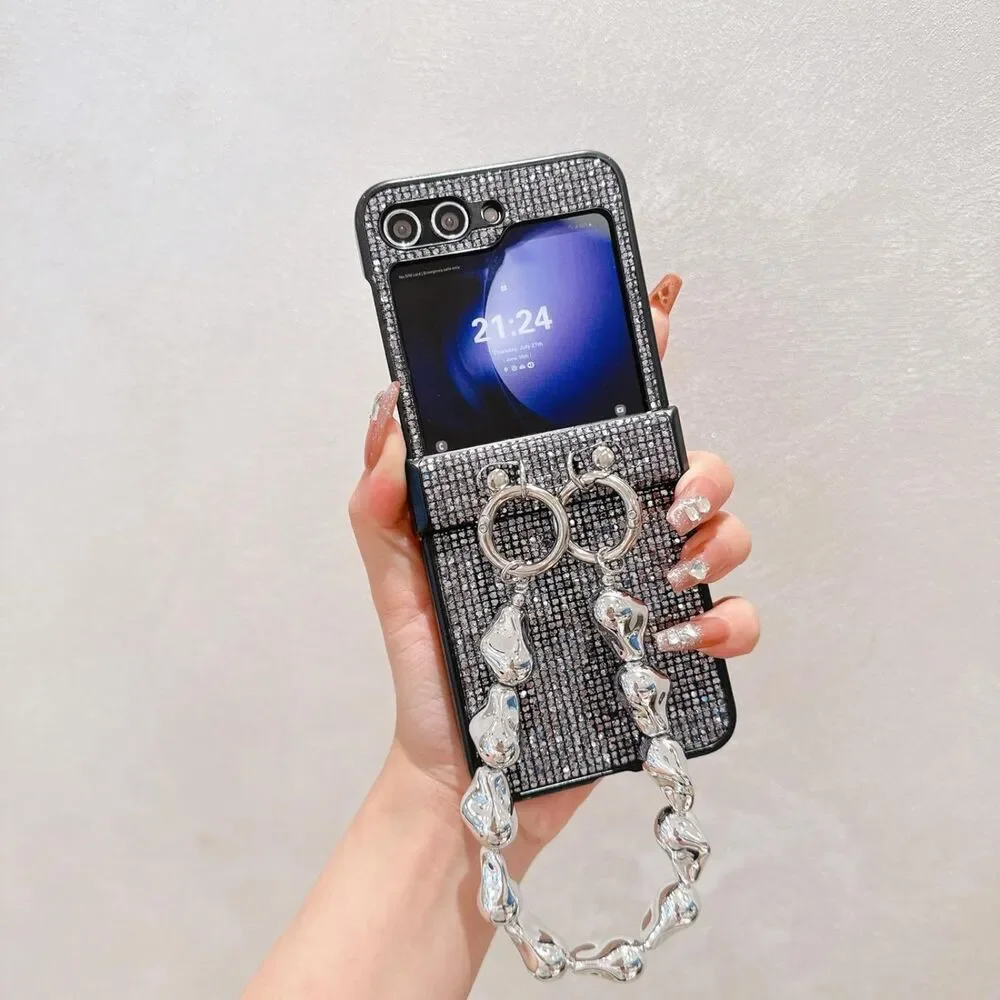 Samsung Galaxy Z Flip 6 Case with Metal Chain Charm Radiant Sparkle Glitter